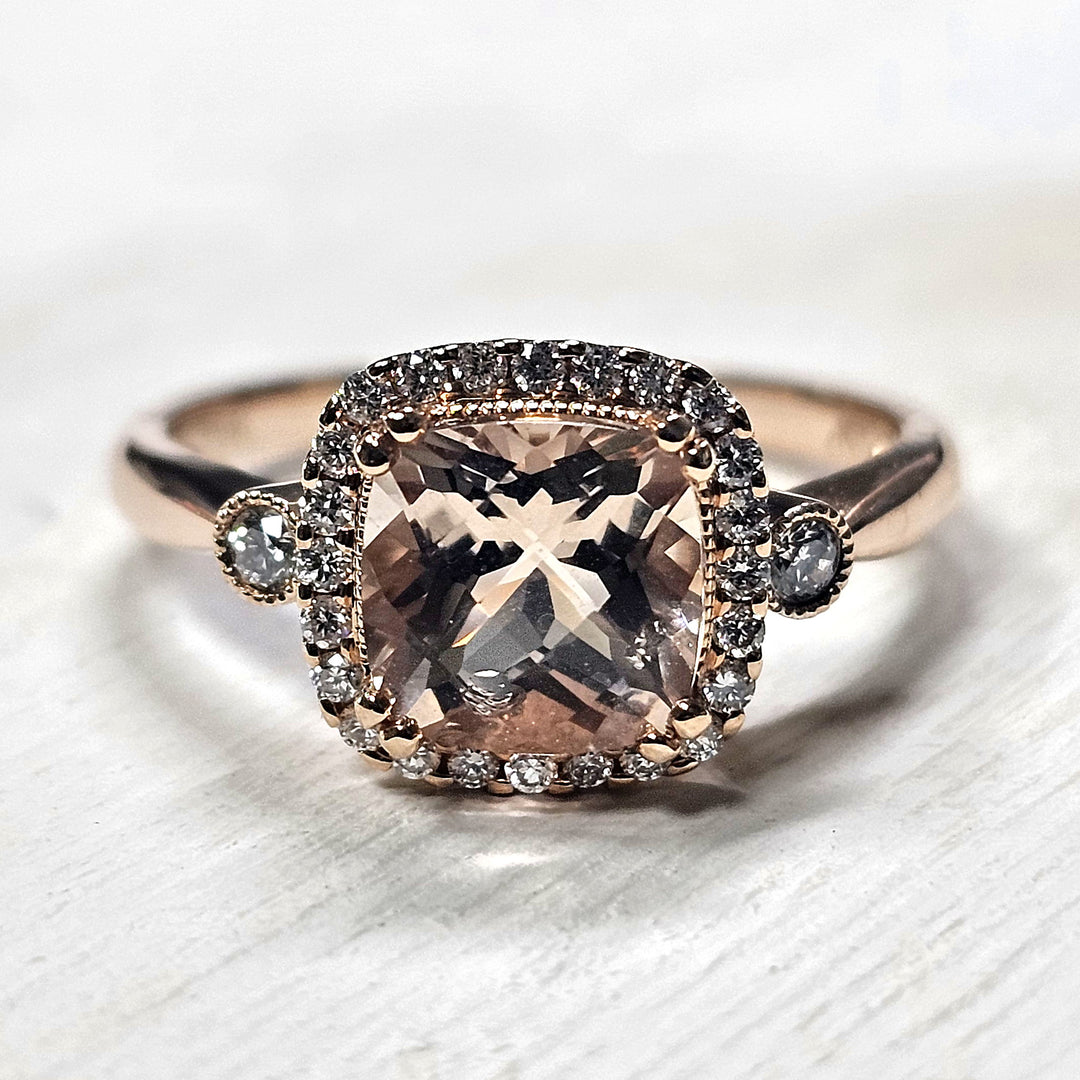14k Rose Gold 1.10 Ctw Morganite and 0.16 Ctw Diamond Ring