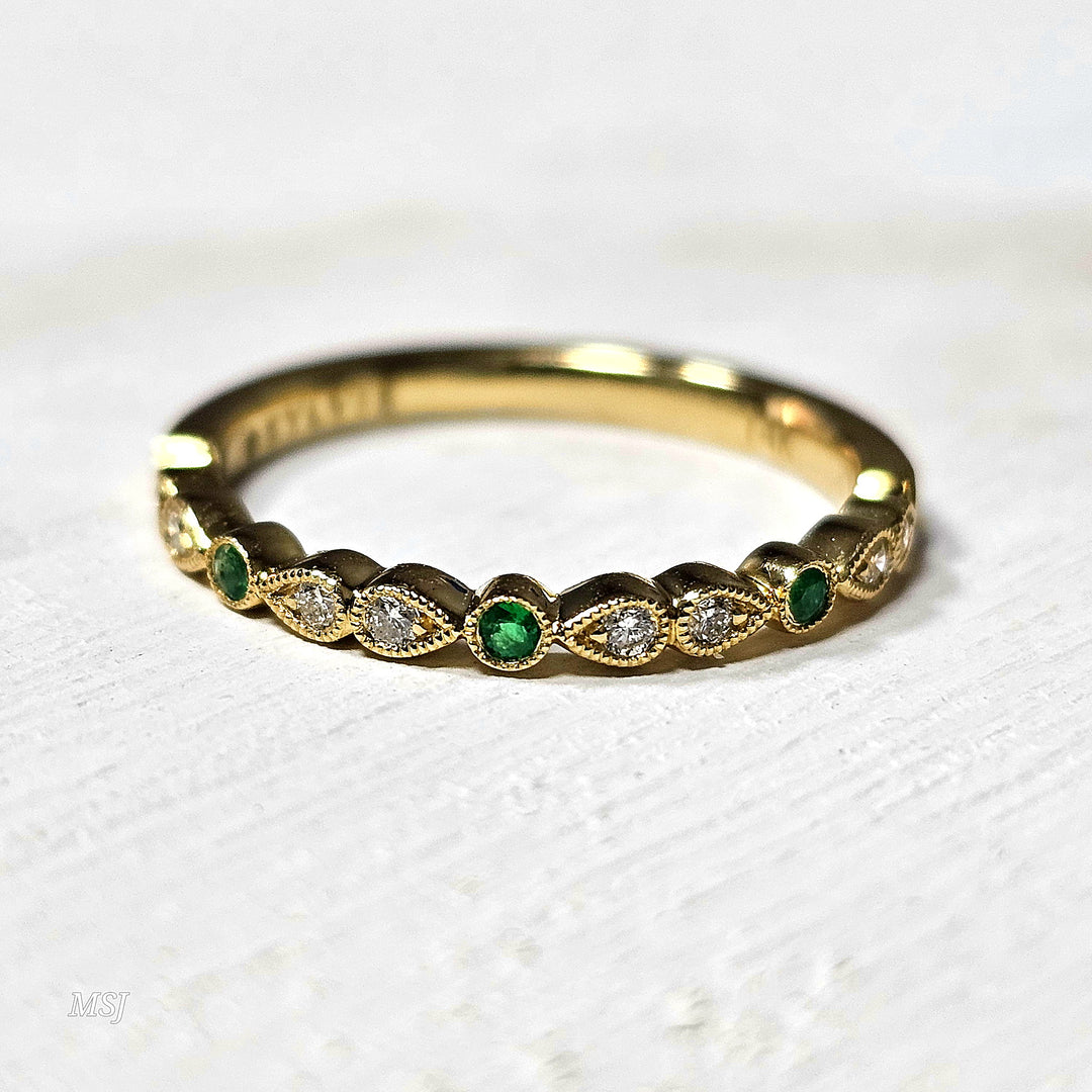 14kYellow Gold .09 ct Diamond and .06 ct Emerald Stackable Band