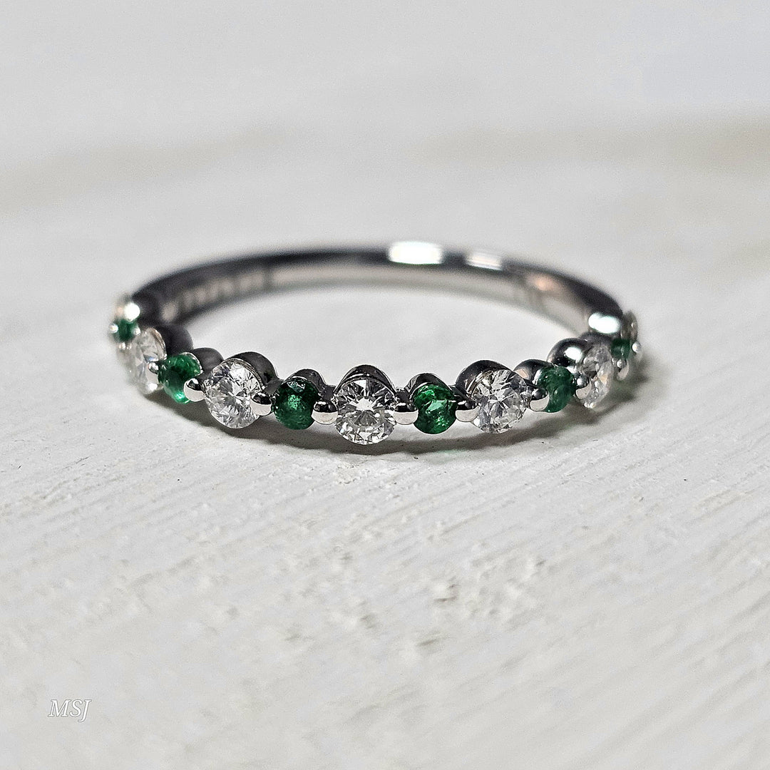 14k White Gold .40 ct Diamond and .17 ct Emerald Alternating Band