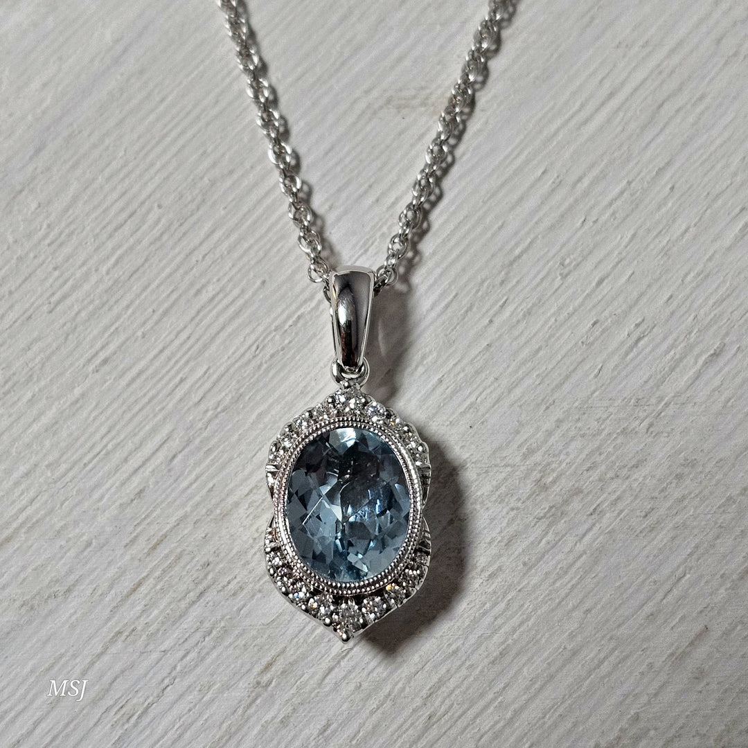 14k White Gold 1.40 Ctw Aquamarine and 0.14 Ctw Diamond Pendant
