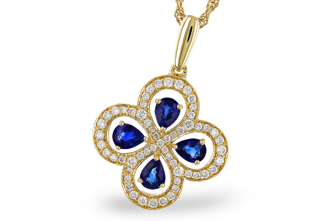14k Yellow Gold 0.68 Ctw Sapphire and 0.28 Ctw Diamond Clover Shaped Pendant