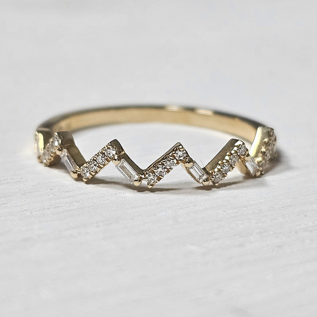 14k Yellow Gold .12 Baguette and Round Diamond Stackable Band