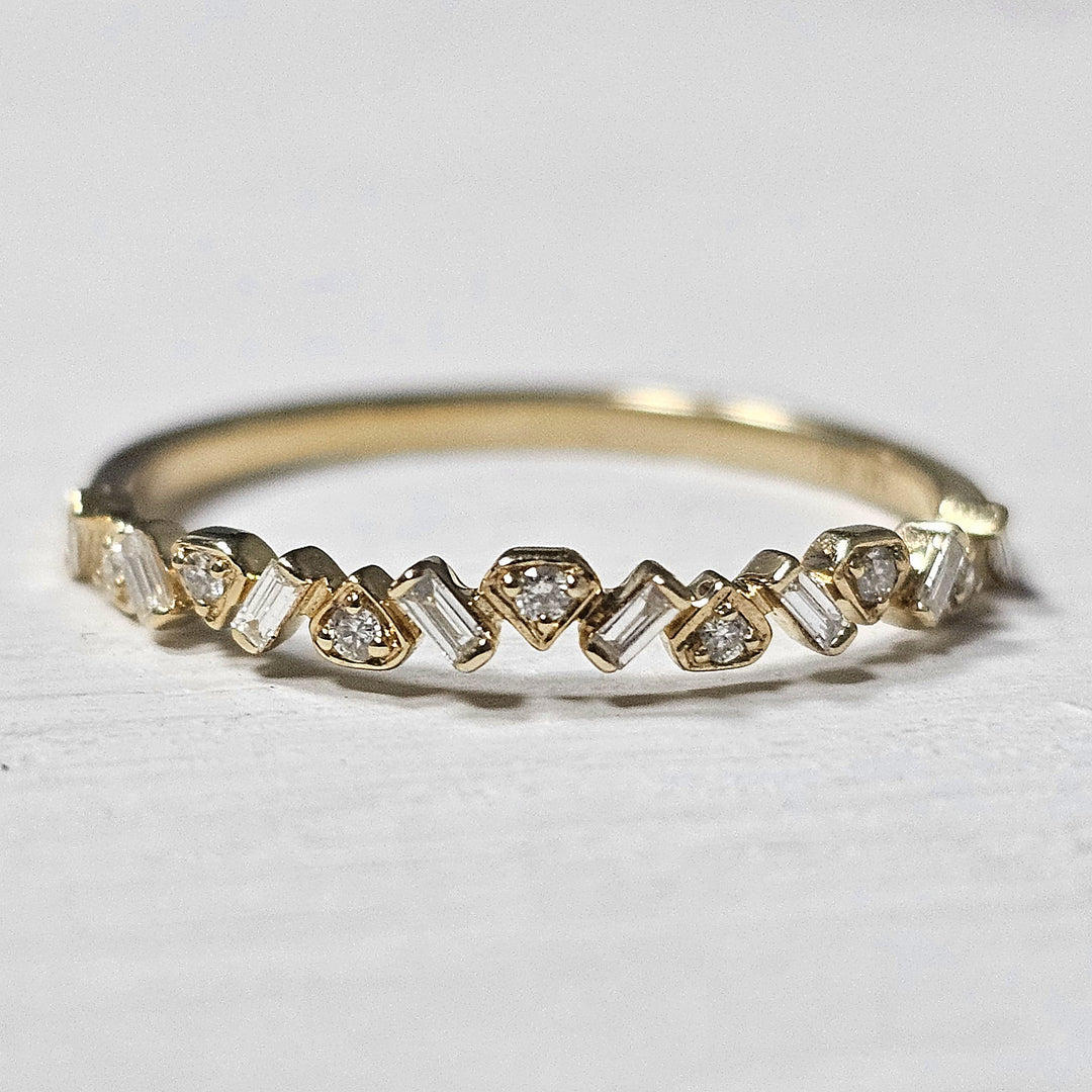 14k Yellow Gold .11ct Round and Baguette Diamond Stackable Band