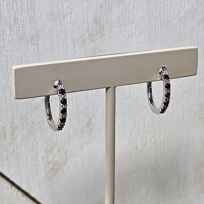 14k White Gold 0.24 ctw Ruby and .06 ctw Diamond Hoop Earrings