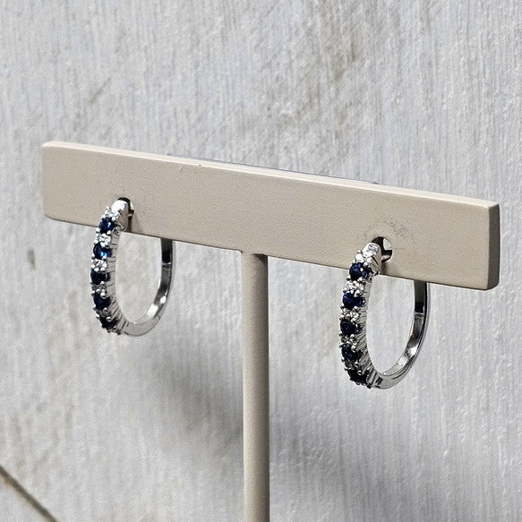 14k White Gold 0.45 Ctw Sapphire and 0.10 Ctw Diamond Hoop Earrings