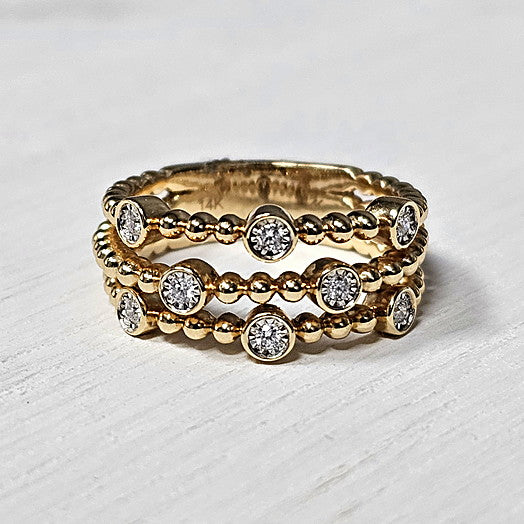 14k Yellow Gold 0.12 Ctw Diamond Beaded Three Row Ring