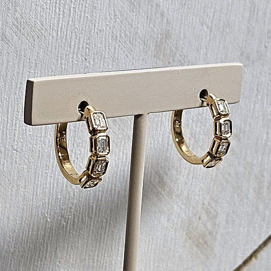 14k Yellow Gold 1.10 Ctw Emerald Cut Bezel Set Diamond Hoop Earrings