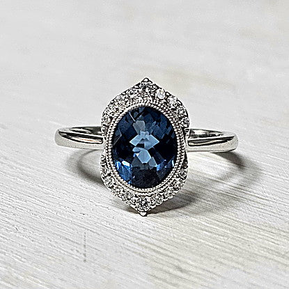 14k White Gold 1.86 Ctw London Blue Topaz and 0.14 Ctw Diamond Ring