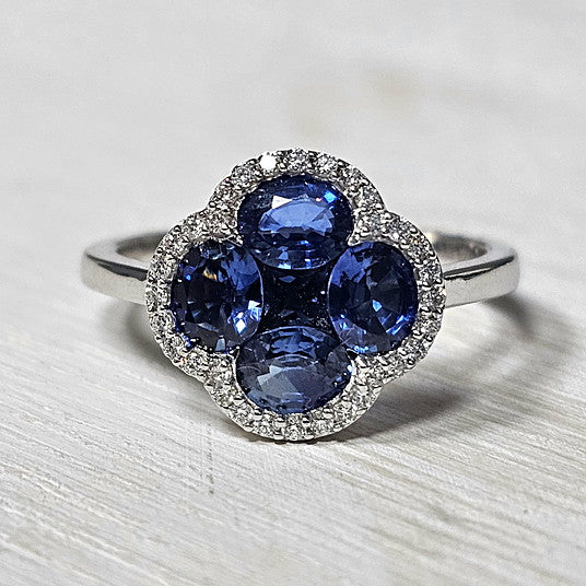 14k White Gold 1.72 Ctw Sapphire and 0.15 Diamond Clover Shaped Ring