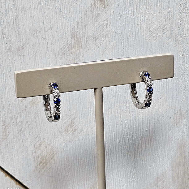 14k White Gold 0.33 Ctw Sapphire and 0.19 Ctw Diamond Hoop Earrings
