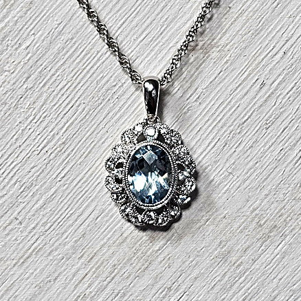 14k White Gold 0.98 Ctw Aquamarine and 0.14 Ctw Diamond Pendant