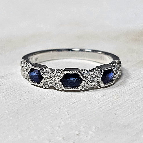 14k White Gold 0.55 Ctw Sapphire and 0.15 Ctw Diamond Band