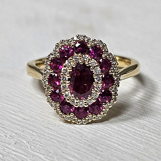 14k Yellow Gold 1.26 Ctw Ruby and Diamond Halo Ring