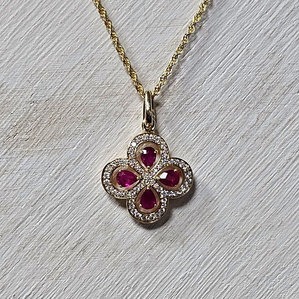 14k Yellow Gold 0.68 Ctw Ruby and 0.28 Ctw Diamond Clover Pendant