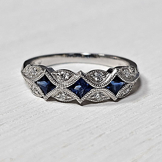 14k White Gold 0.55 Ctw Sapphire and 0.15 Ctw Diamond Band
