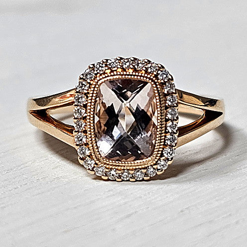 14k Rose Gold 1.18 Ctw Morganite and 0.16 Ctw Diamond Ring