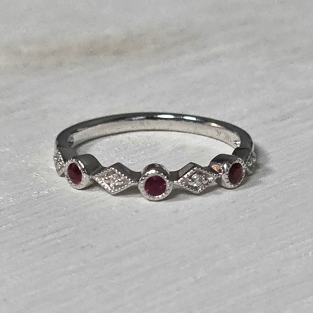 14k White Gold .13 ct Ruby and .03 tcw Diamond Stackable Band