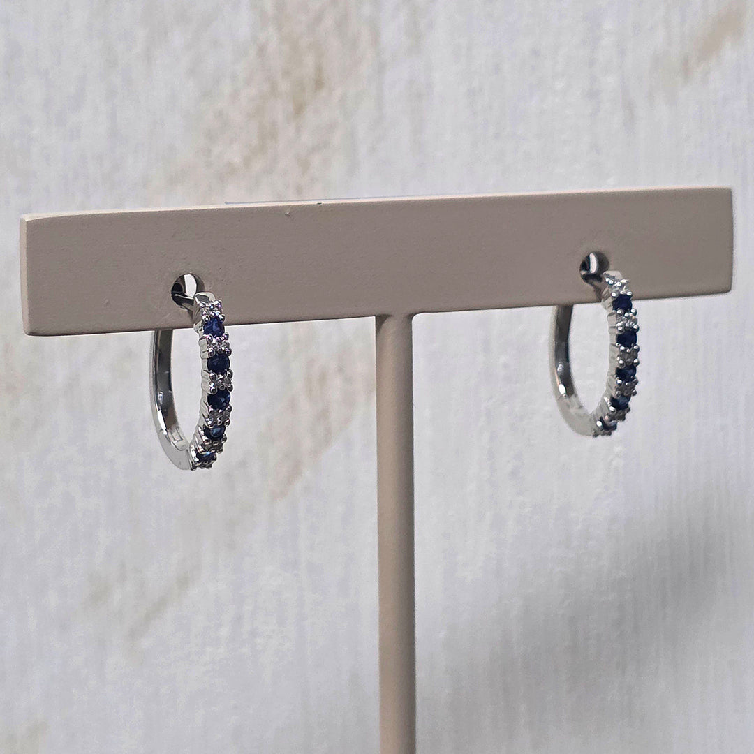 14k White Gold 0.24 Ctw Sapphire and .06 Ctw Diamond Hoop Earrings