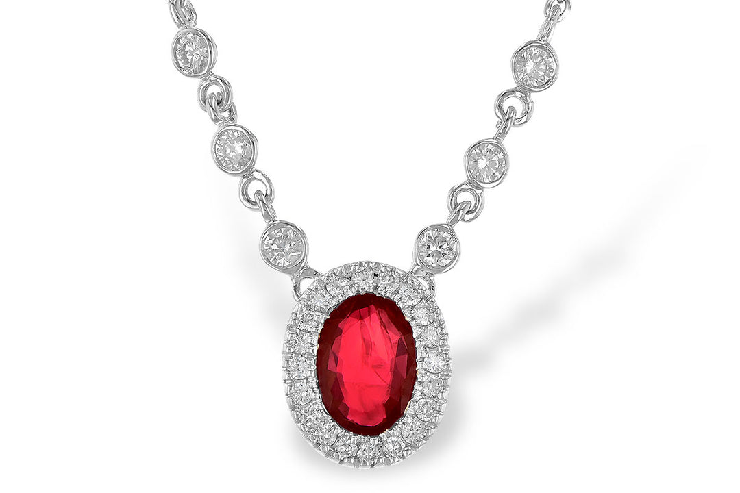 14k White Gold 0.70 Ctw Ruby and 0.24 Ctw Diamond Halo Necklace