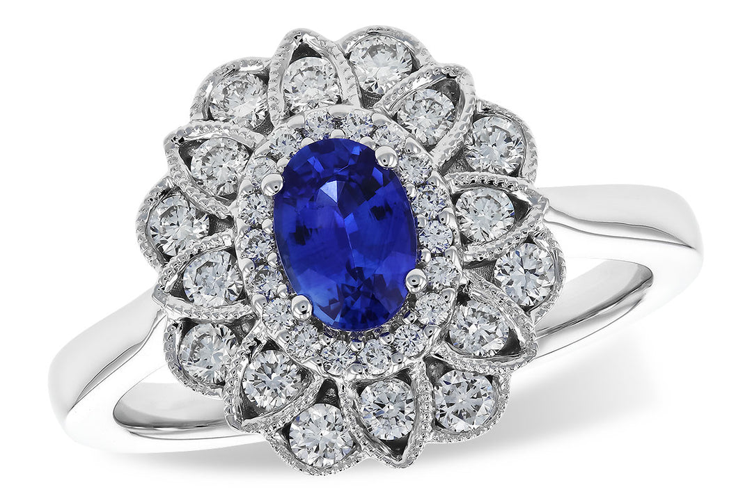 14k White Gold 0.60 Ct Sappphire and 0.52 Ctw Diamond Vintage Style Ring