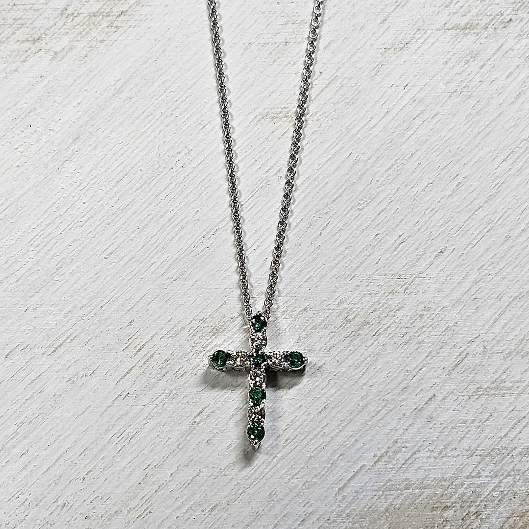 14k White Gold .30ctw Emerald and Diamond Cross Pendant