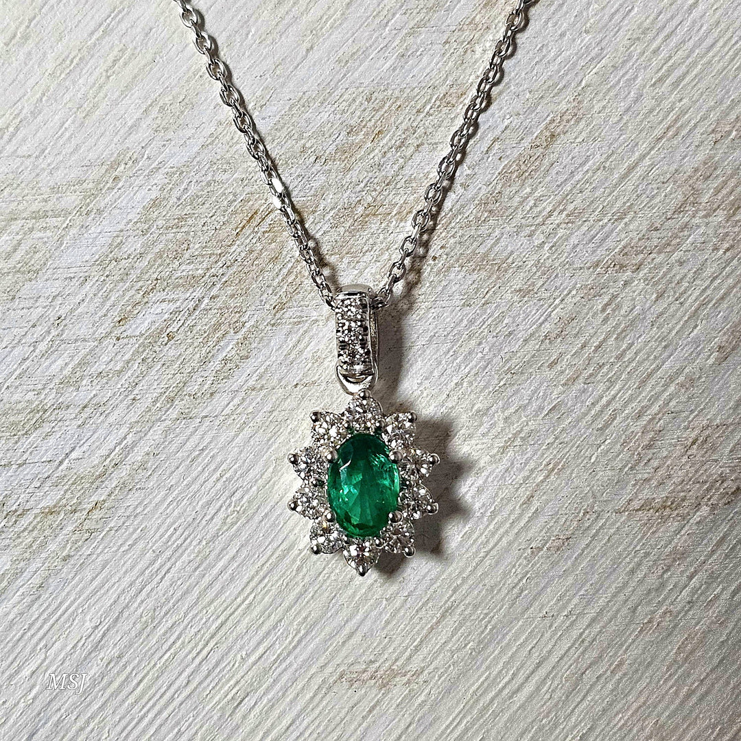 14k White Gold 1.15ctw Emerald and Diamond Pendant