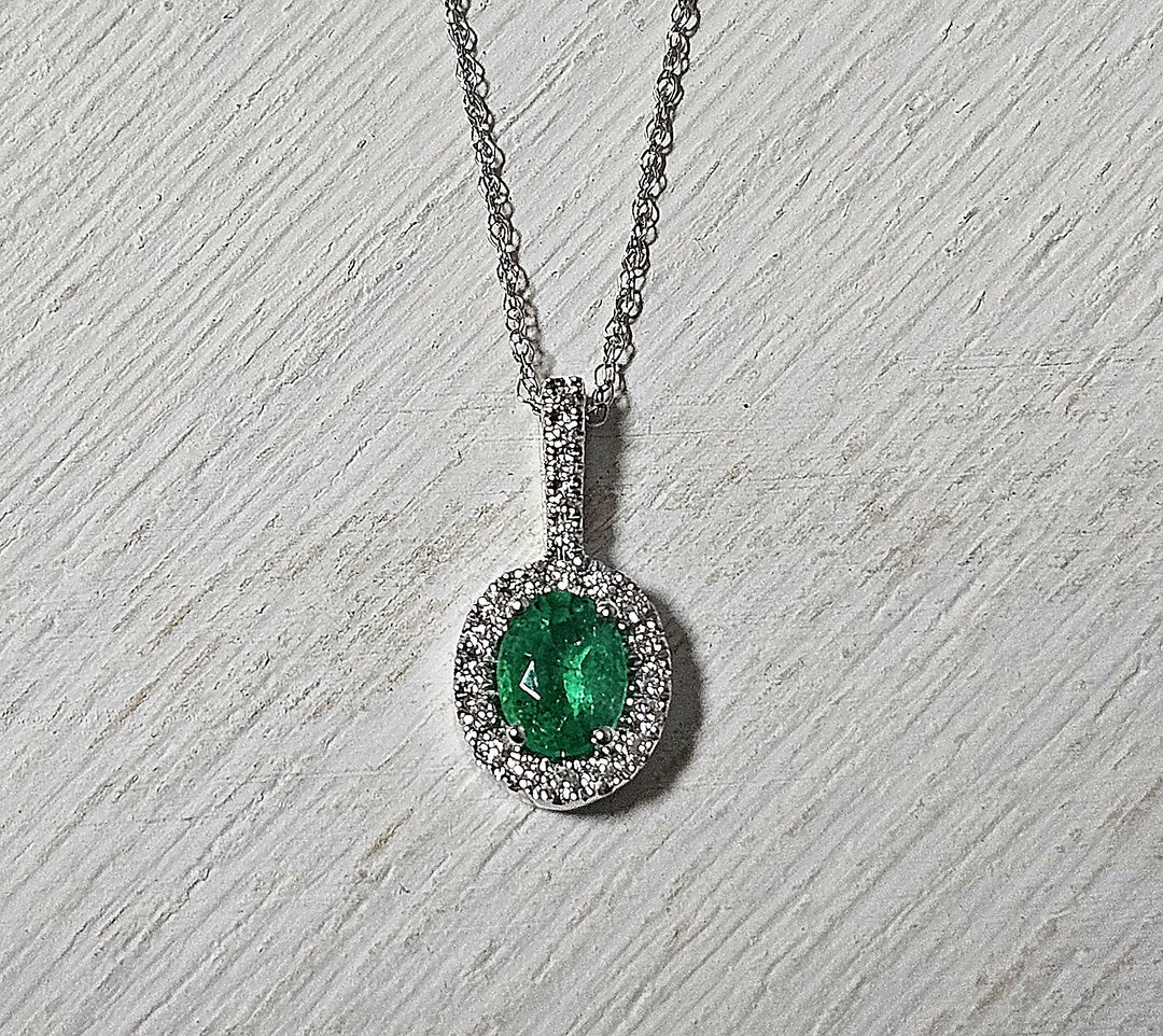 14k White Gold .40ct Emerald and Diamond Halo Pendant