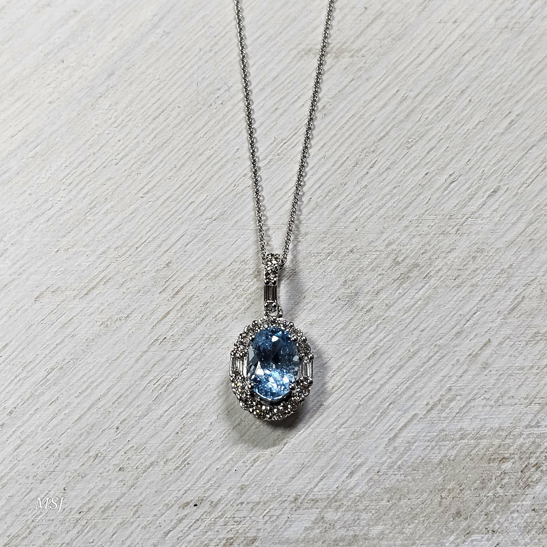 14k White Gold .83ct Aquamarine and Diamond Halo Pendant