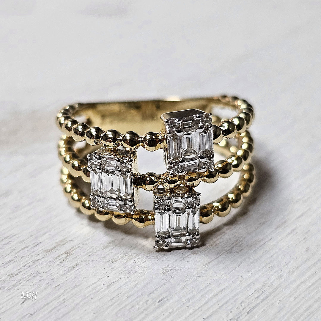 14k Yellow Gold .53 ct Diamond Beaded 3 Row Ring