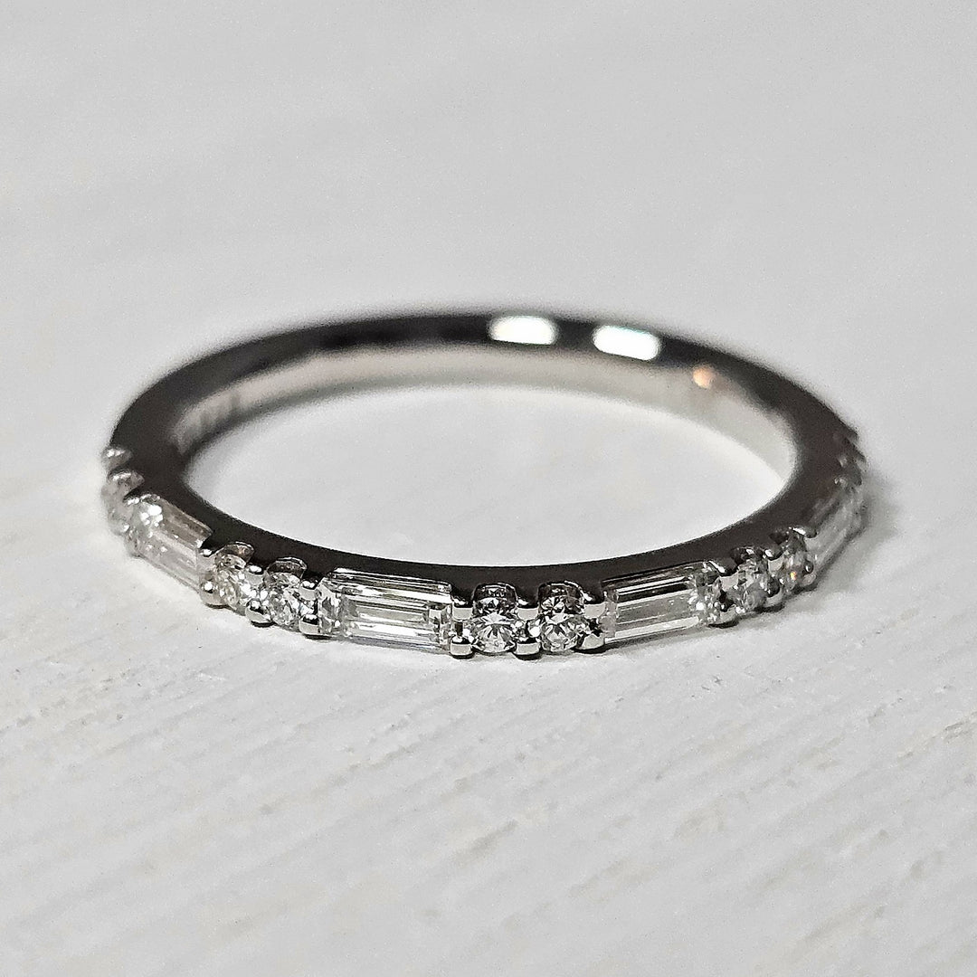 14k White Gold .39 ct Baguette and Round Diamond Band