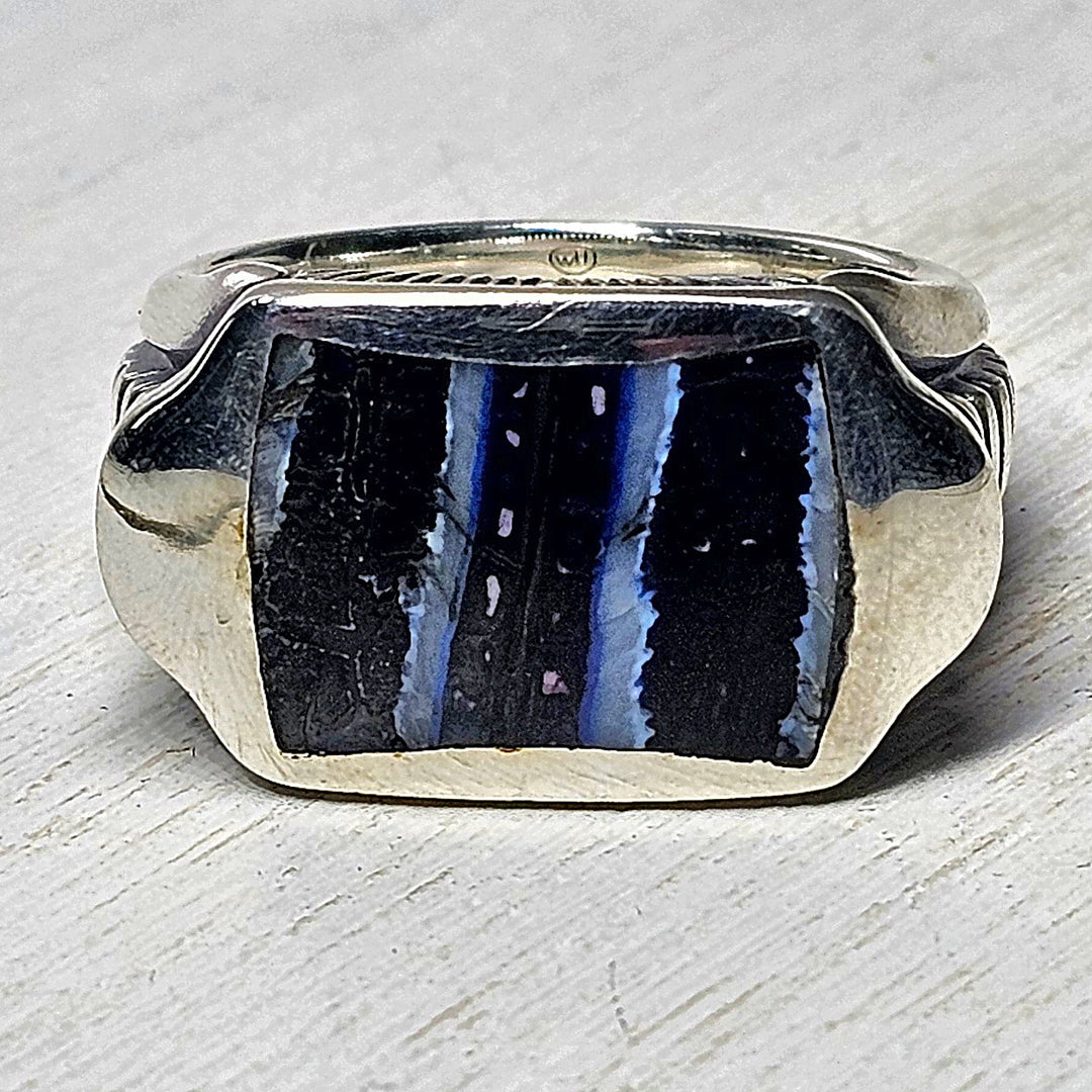 William Henry Sleek Sterling Silver Ring With Blue Mammoth Tooth Inlay Size 11