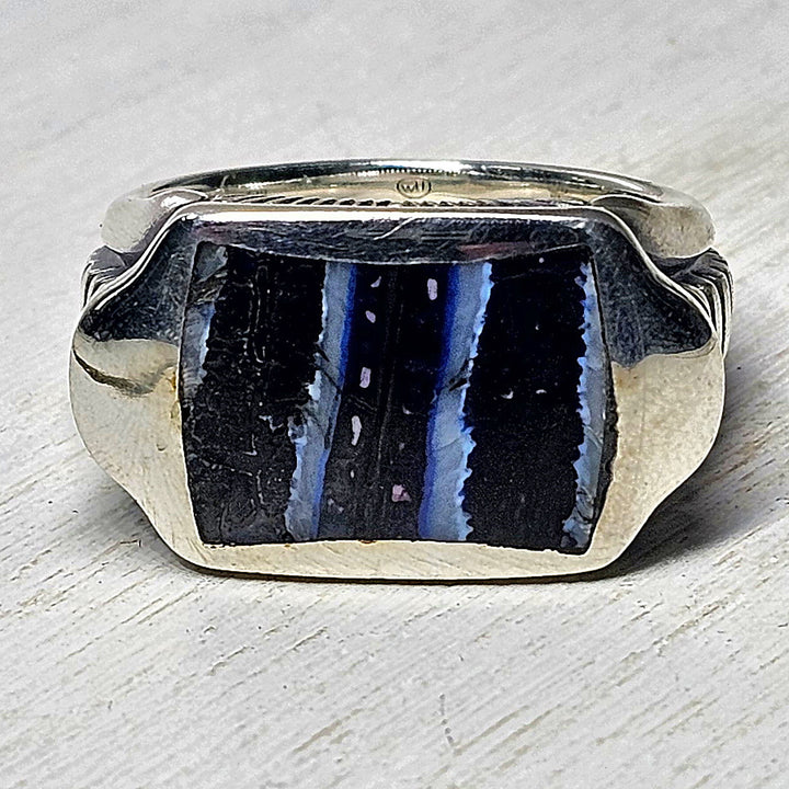 William Henry Sleek Sterling Silver Ring With Blue Mammoth Tooth Inlay Size 11