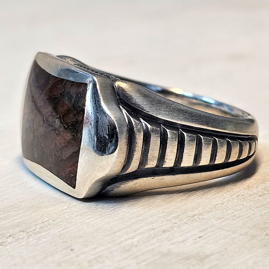 William Henry Sterling Silver Sleek Ring Inlaid with Dinosaur Bone Size 11