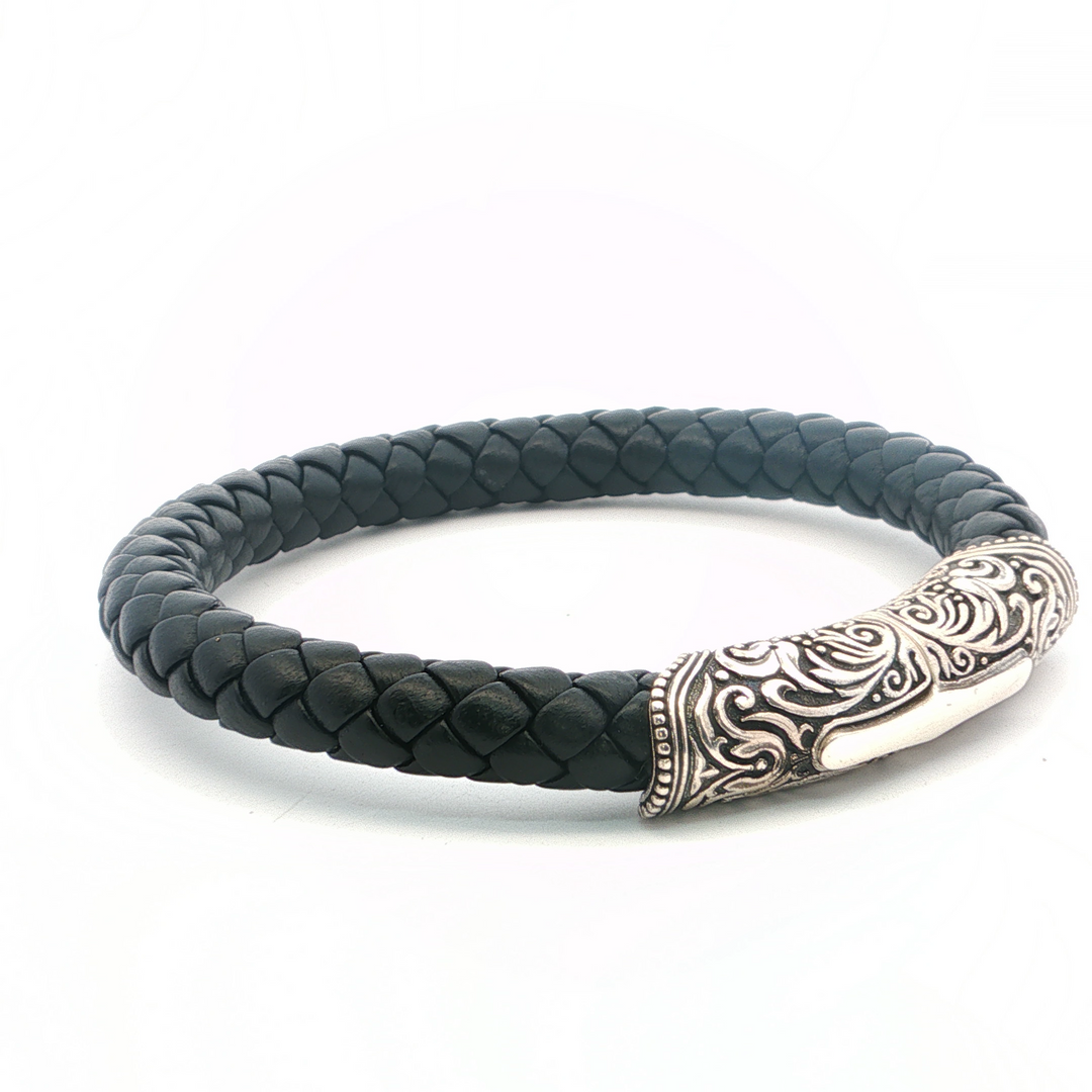 William Henry Black Leather Bracelet with Sculpted Sterling Silver