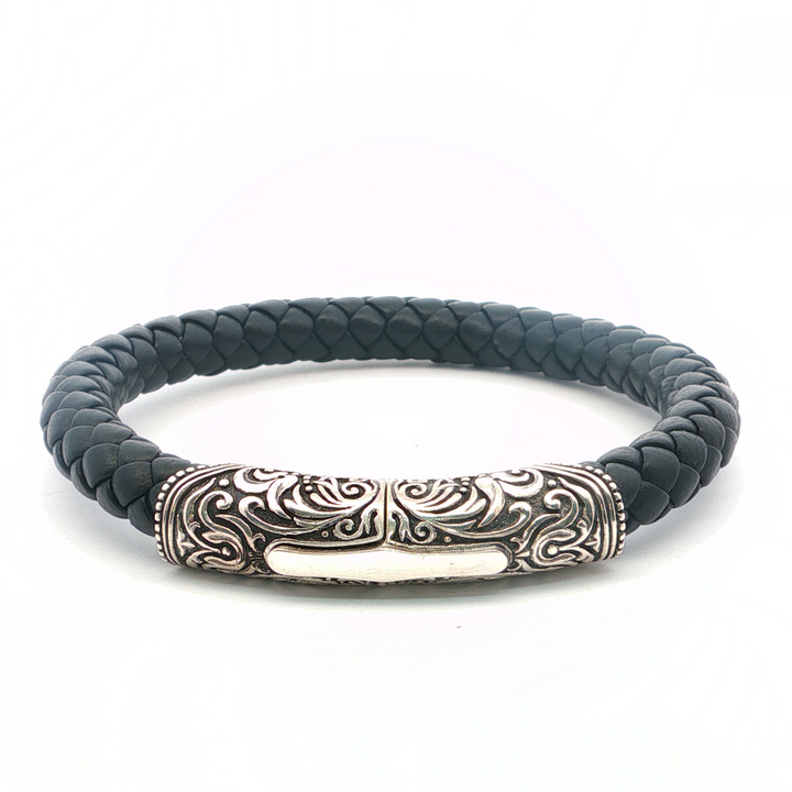 William Henry Black Leather Bracelet with Sculpted Sterling Silver