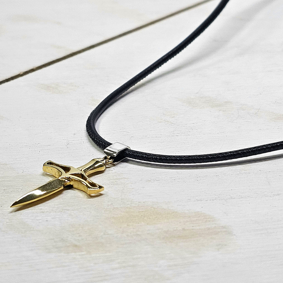 18k Yellow Gold Cross Pendant On Black Leather Cord 22"