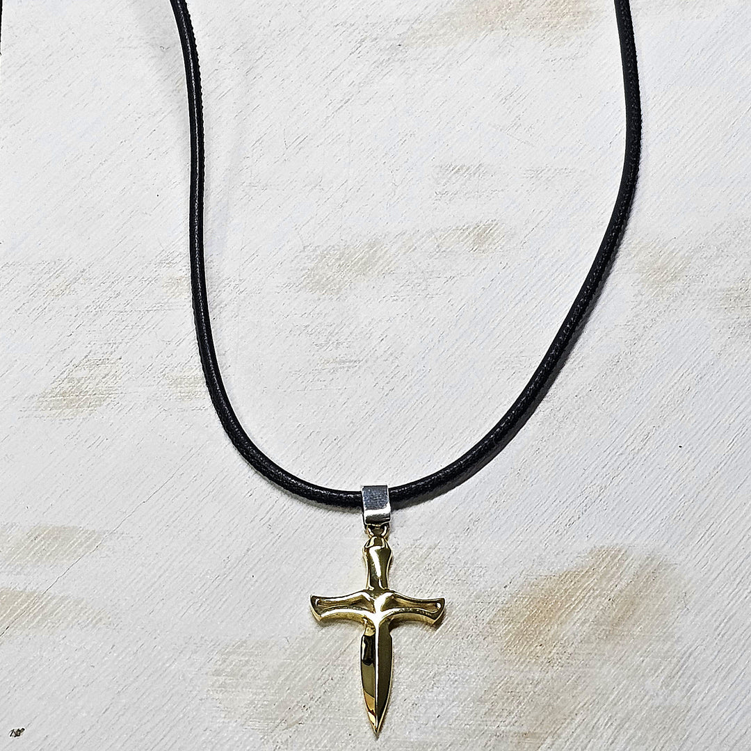 18k Yellow Gold Cross Pendant On Black Leather Cord 22"