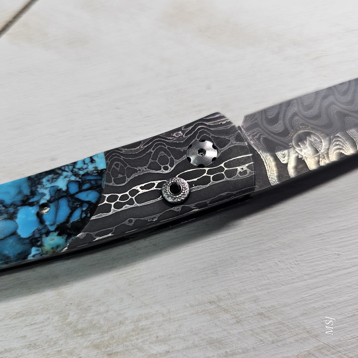 Automtic Demascus Knife With "Black Matrix" Turquoise