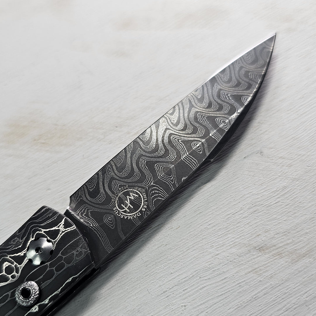Automtic Demascus Knife With "Black Matrix" Turquoise