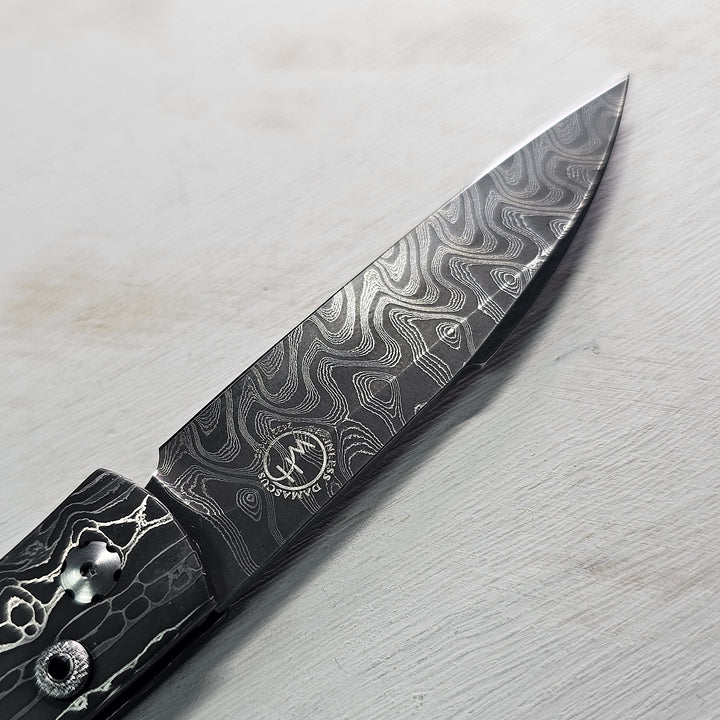 Automtic Demascus Knife With "Black Matrix" Turquoise