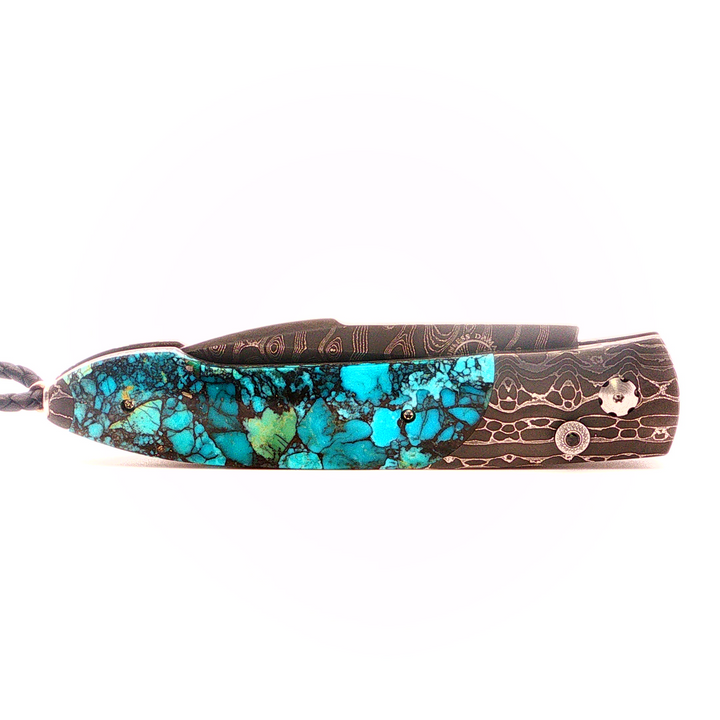 Automtic Demascus Knife With "Black Matrix" Turquoise
