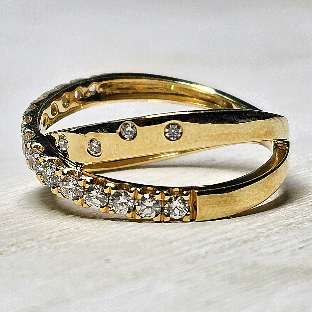 Criss Cross Bypass 14k Yellow Gold Band with 1/2cts of Round Diamonds