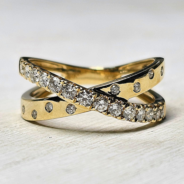 Criss Cross Bypass 14k Yellow Gold Band with 1/2cts of Round Diamonds