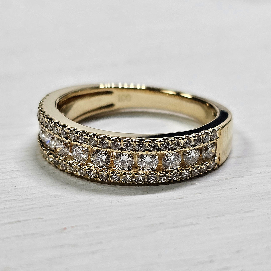 14k Yellow Gold .75ctw 3 Row Diamond Band