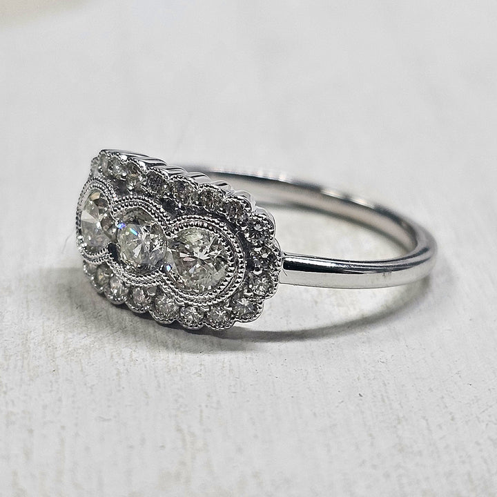 14k White Gold .76ctw 3 Stone Diamond Halo Ring