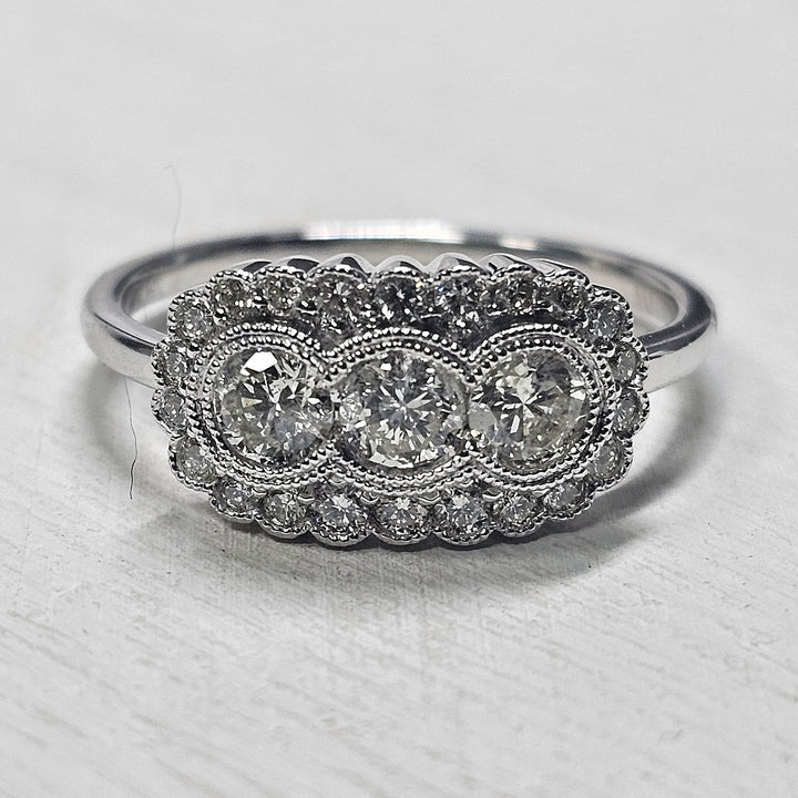 14k White Gold .76ctw 3 Stone Diamond Halo Ring