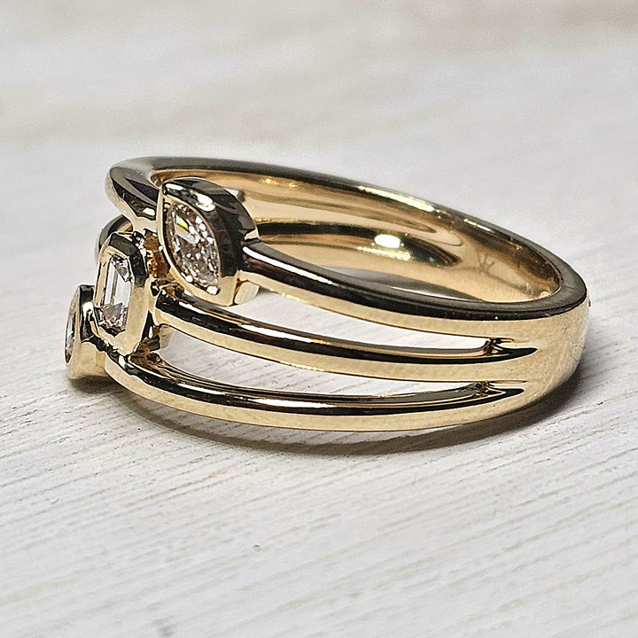 14k Yellow Gold Three Row Round, Marquise and Emerald Diamond Ring .24ctw