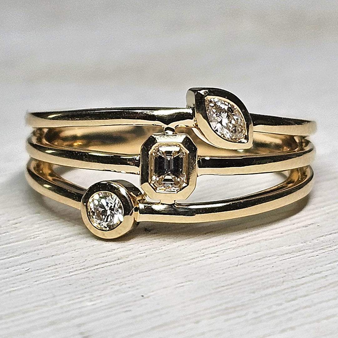 14k Yellow Gold Three Row Round, Marquise and Emerald Diamond Ring .24ctw