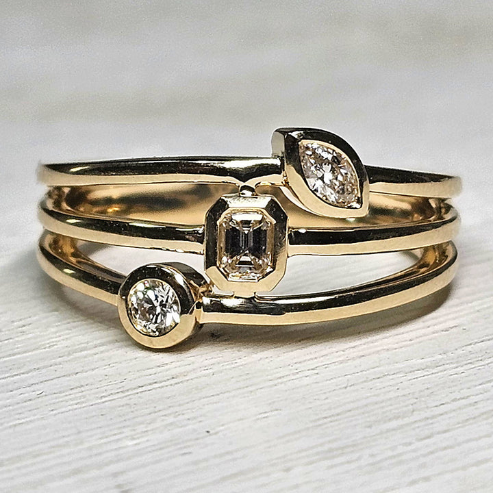14k Yellow Gold Three Row Round, Marquise and Emerald Diamond Ring .24ctw