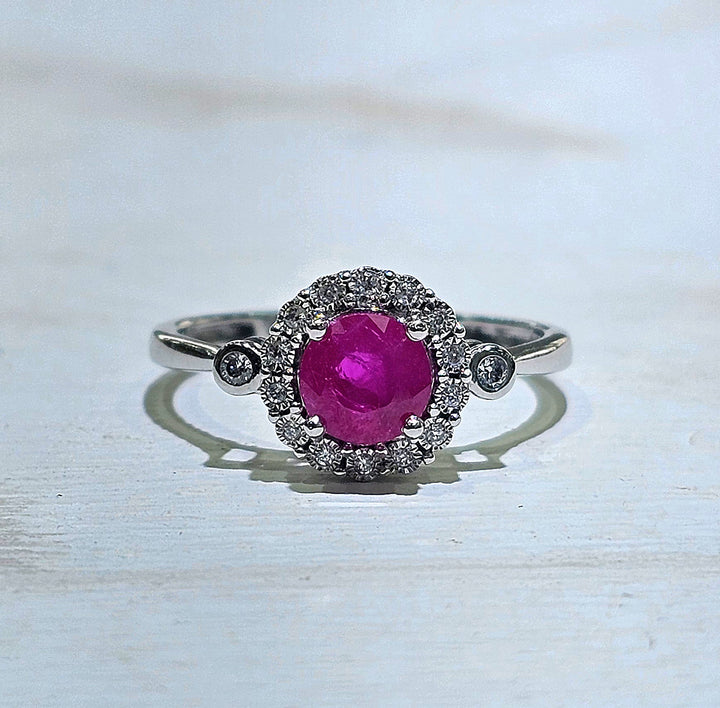 Natural Ruby Ring in 10K White Gold with Diamond Halo